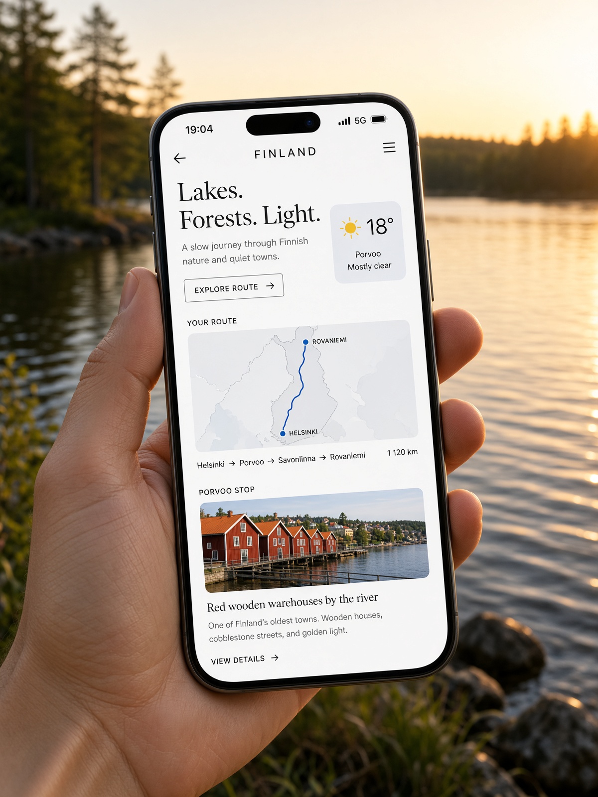 Mini-site ouvert sur un téléphone, au bord d’un lac finlandais